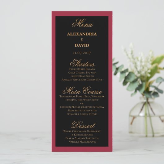 Dark Red and Black Wedding Menu Card Menükarte (Stehend Vorderseite)