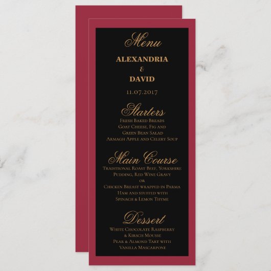 Dark Red and Black Wedding Menu Card Menükarte (Vorne/Hinten)