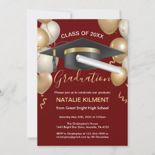 Dark Red and Gold Graduate Cap Graduation Party Einladung