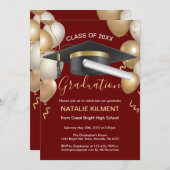 Dark Red and Gold Graduate Cap Graduation Party Einladung (Vorne/Hinten)