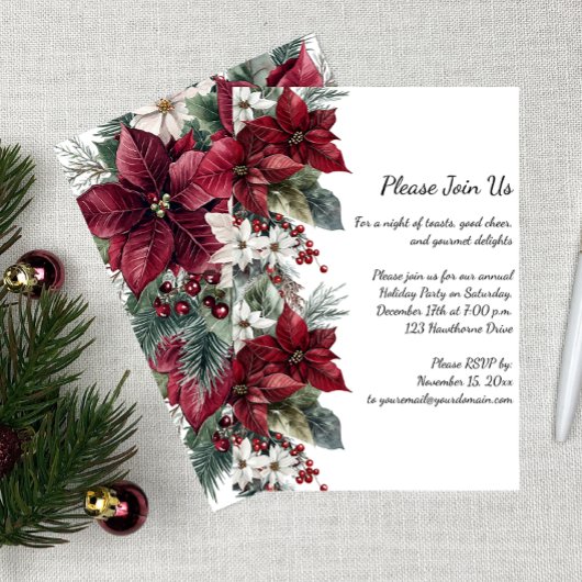 Dark Red and White Poinsettia Christmas Party | Einladung