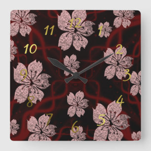 dark red asian blossom quadratische wanduhr