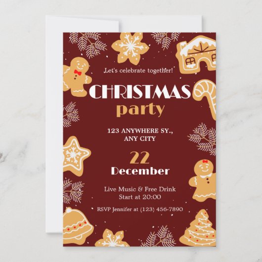 Dark Red Beige Niedlich Simple Christmas Party Einladung (Vorderseite)