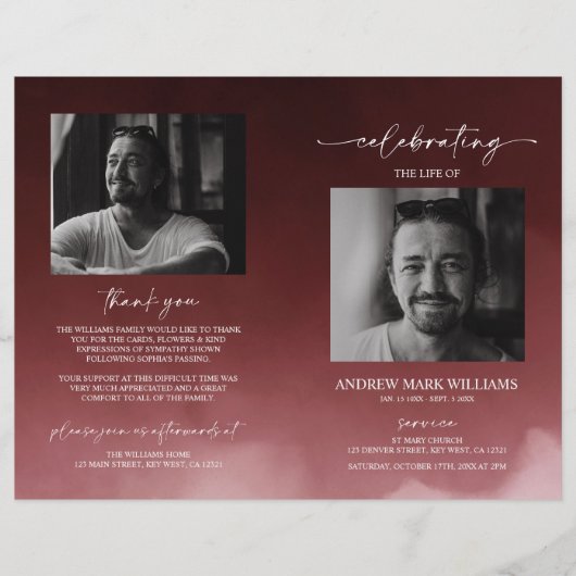 Dark Red Beuneral Order of Service Folded Program (Vorderseite)