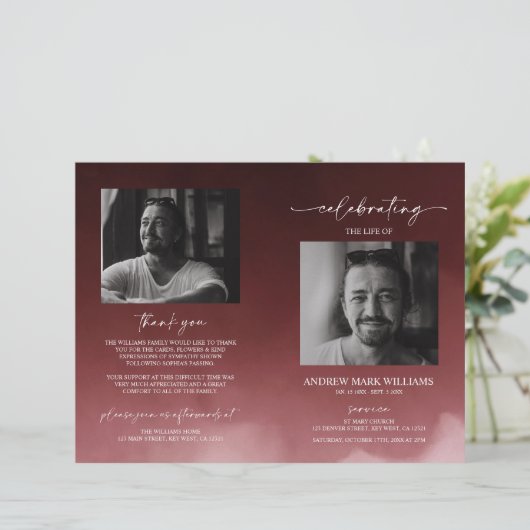 Dark Red Beuneral Order of Service Folded Program (Stehend Vorderseite)