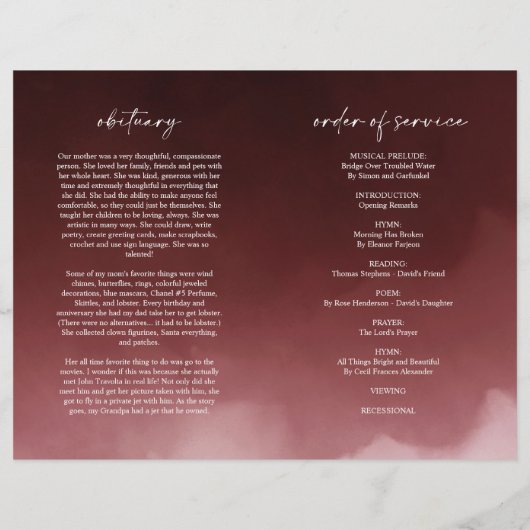 Dark Red Beuneral Order of Service Folded Program (Rückseite)