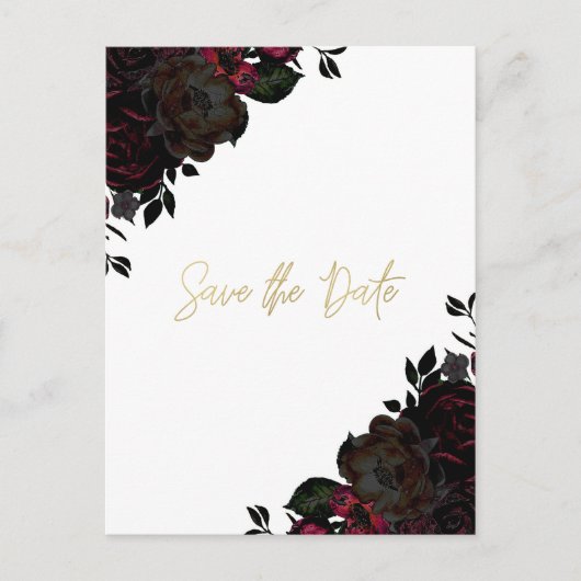 Dark Red & Black Floral Gothic Save the Date Ankündigungspostkarte (Vorderseite)