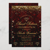 Dark Red Bokeh & Gold Glitzer Sweet 16 Einladung (Vorne/Hinten)