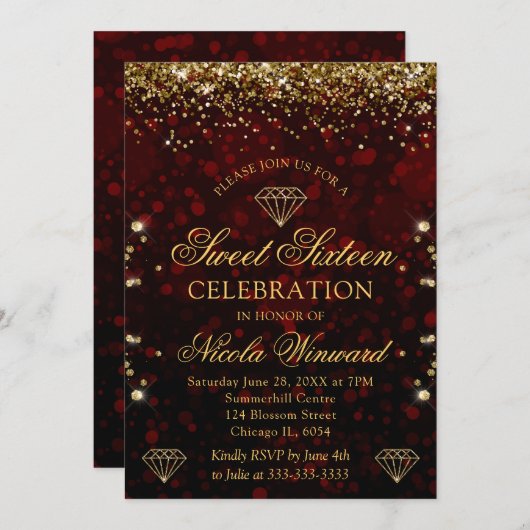 Dark Red Bokeh & Gold Glitzer Sweet 16 Einladung (Vorne/Hinten)