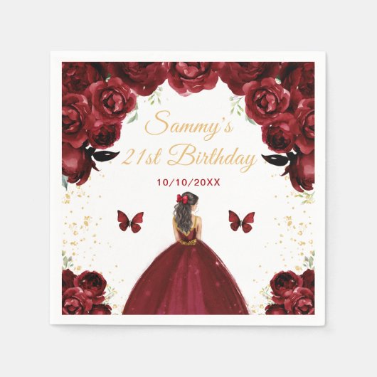 Dark Red Brünett Hair Princess Birthday Party Serviette (Vorderseite)