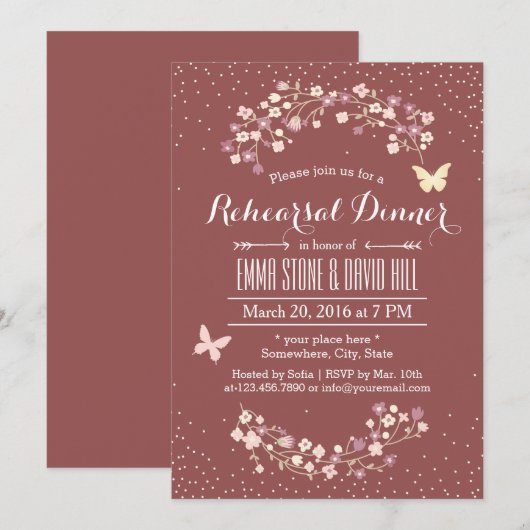 Dark Red Butterfly & Blume Probe Dinner Einladung (Vorne/Hinten)