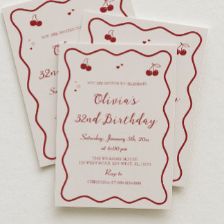 Dark Red Cherry Birthday Party Adult Einladung