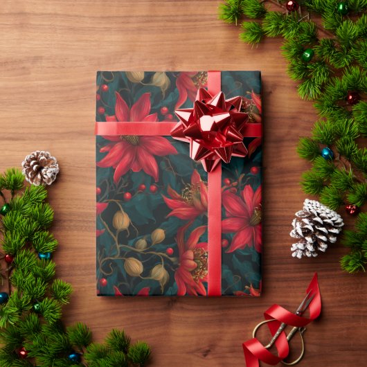 Dark Red Christmas Floral Pattern Geschenkpapier (Feiertagsgeschenk)