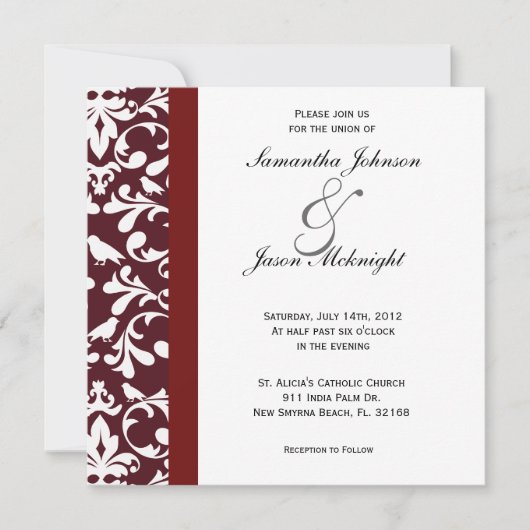 Dark Red Damask Hochzeit einladen Einladung (Vorderseite)