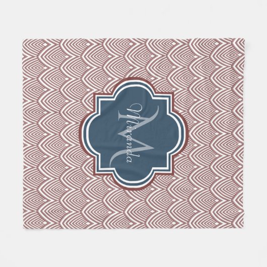 Dark Red Deko Scallops Navy Blue Monogram Name Fleecedecke (Vorderseite (Horizontal))