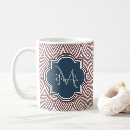Dark Red Deko Scallops Navy Blue Monogram Name Kaffeetasse (Mit Donut)