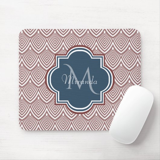 Dark Red Deko Scallops Navy Blue Monogram Name Mousepad (Mit Mouse)