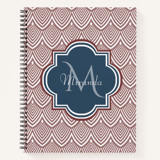 Dark Red Deko Scallops Navy Blue Monogram Name Notizbuch (Vorderseite)