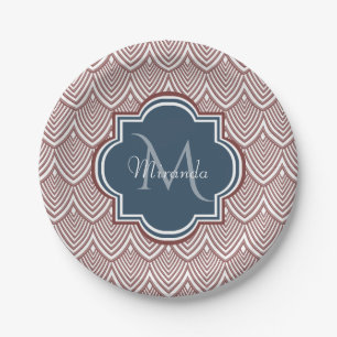 Dark Red Deko Scallops Navy Blue Monogram Name Pappteller