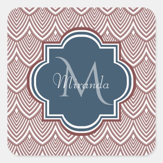 Dark Red Deko Scallops Navy Blue Monogram Name Quadratischer Aufkleber (Vorderseite)