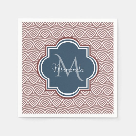 Dark Red Deko Scallops Navy Blue Monogram Name Serviette (Vorderseite)