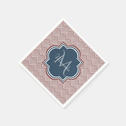 Dark Red Deko Scallops Navy Blue Monogram Name Serviette (Ecke)