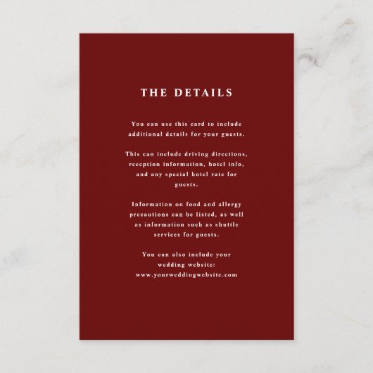 Dark Red Elegante Text | Angaben zum Hochzeitgast Begleitkarte (Vorderseite)