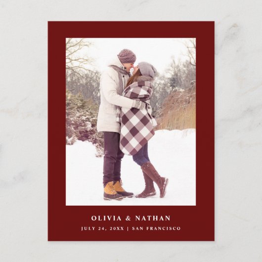 Dark Red Elegante Text und Foto | Datum speichern Ankündigungspostkarte (Vorderseite)