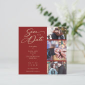 Dark Red Extravagant Collage 3 Fotos Couple Weddin Save The Date (Stehend Vorderseite)