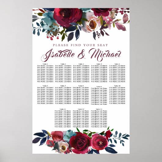 Dark Red Floral 13-Tisch Hochzeitskarte Poster (Vorne)