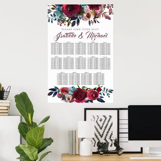 Dark Red Floral 14-Tisch Hochzeitskarte Poster (Heimbüro)