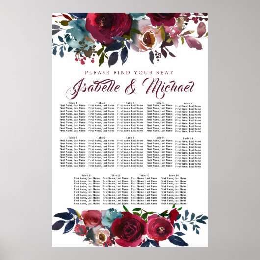 Dark Red Floral 14-Tisch Hochzeitskarte Poster (Vorne)
