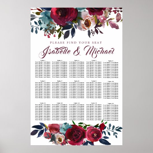 Dark Red Floral 15-Table Hochzeitstabelle Poster (Vorne)