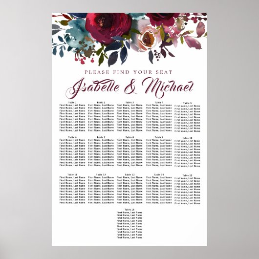 Dark Red Floral 16-Tisch Hochzeitskarte Poster (Vorne)