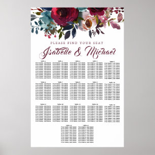 Dark Red Floral 17-Tisch Hochzeitskarte Poster