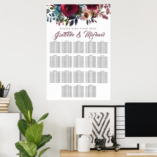 Dark Red Floral 18-Tisch Hochzeitskarte Poster (Heimbüro)