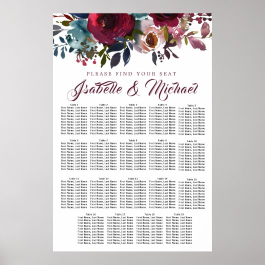 Dark Red Floral 19-Tisch Hochzeitskarte Poster (Vorne)