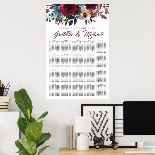 Dark Red Floral 20-Tisch Hochzeitskarte Poster (Heimbüro)
