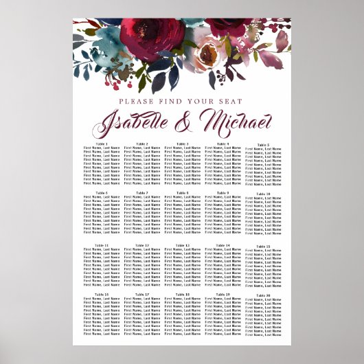 Dark Red Floral 20-Tisch Hochzeitskarte Poster (Vorne)