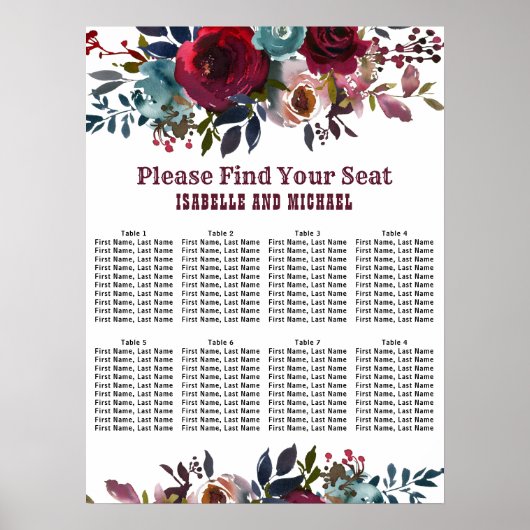 Dark Red Floral 8 Table Wedding Chart Poster (Vorne)
