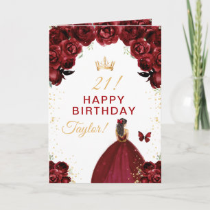 Dark Red Floral Brünett Hair Girl Happy Birthday Karte