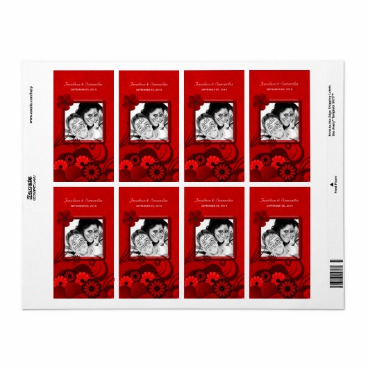 Dark Red Floral Wedding Foto Gefallen Weinetikette (Vorne)