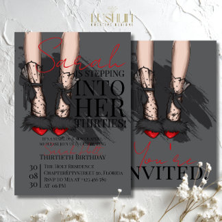 Dark Red Fur Heels Birthday Feminine Black Party Einladung