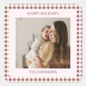 Dark Red Gingham Plaid Custom Photo Greeting Quadratischer Aufkleber (Vorderseite)