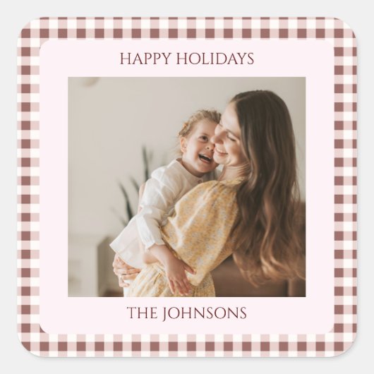 Dark Red Gingham Plaid Custom Photo Greeting Quadratischer Aufkleber (Vorderseite)