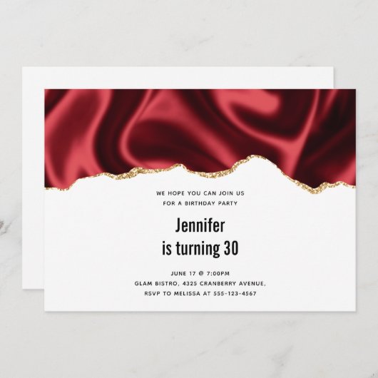 Dark Red Glam Wavy Satin Abstract Design Geburtsta Einladung (Vorne/Hinten)