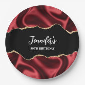 Dark Red Glam Wavy Satin Abstract Design Geburtsta Pappteller (Vorderseite)
