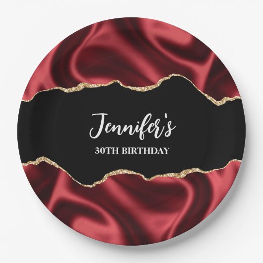 Dark Red Glam Wavy Satin Abstract Design Geburtsta Pappteller (Vorderseite)
