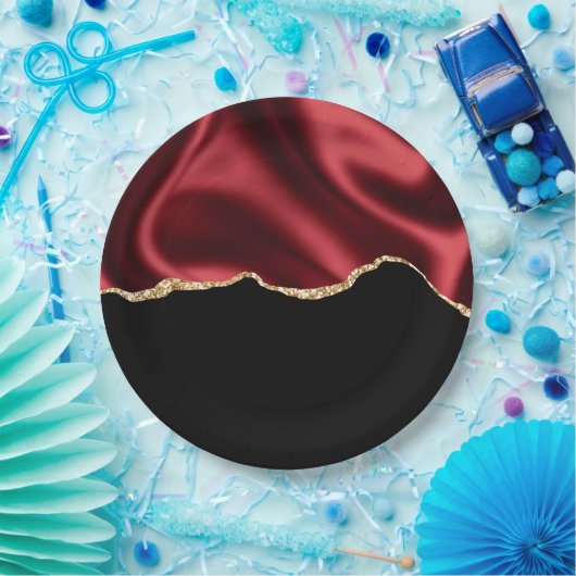 Dark Red Glam Wavy Satin Abstract Design Pappteller (Party)