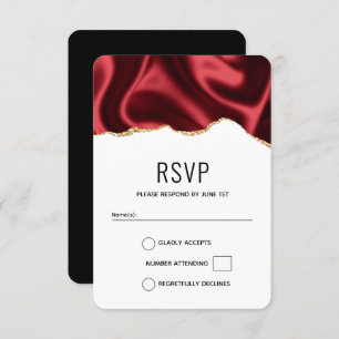 Dark Red Glam Wavy Satin Abstract Design Wedding RSVP Karte
